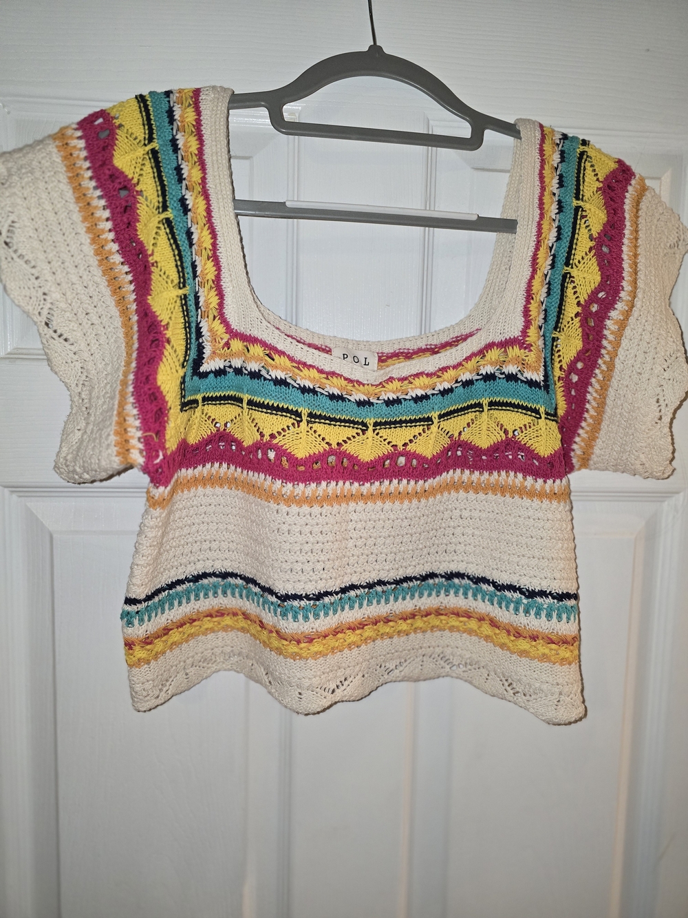 POL Crochet Crop Top in Cream with Yellow, Pink & Teal Stripes